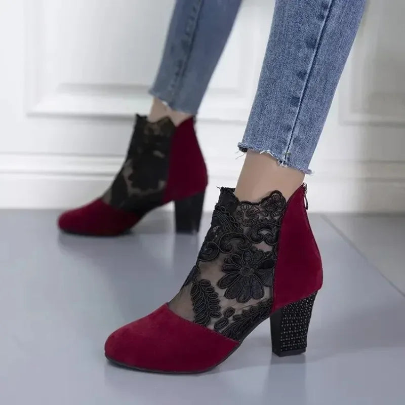 Women's Floral Lace Ankle Boots | Embellished Block Heels | Braviixx