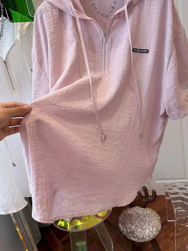 Oversized T Shirts Women Summer Hooded Short Sleeve T-shirt French Thin Tops Fashion Loose Design Niche Hoodie Tshirt Woman 2026