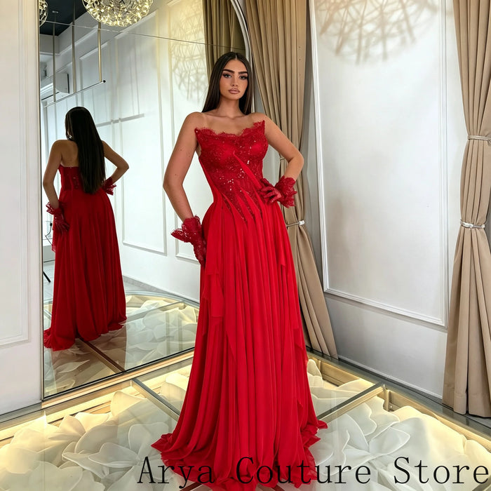 Red Wedding Guest Formal Dress Strapless Scalloped Lace Neckline Sparkly Sequin Embellished Bodice Cascading Draped Chiffon