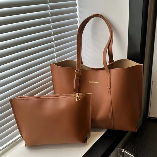 Women's Large Capacity Soft PU Tote Bag 2-Piece Set | Shoulder · Zipper Pouch | 5 Colours | Braviixx