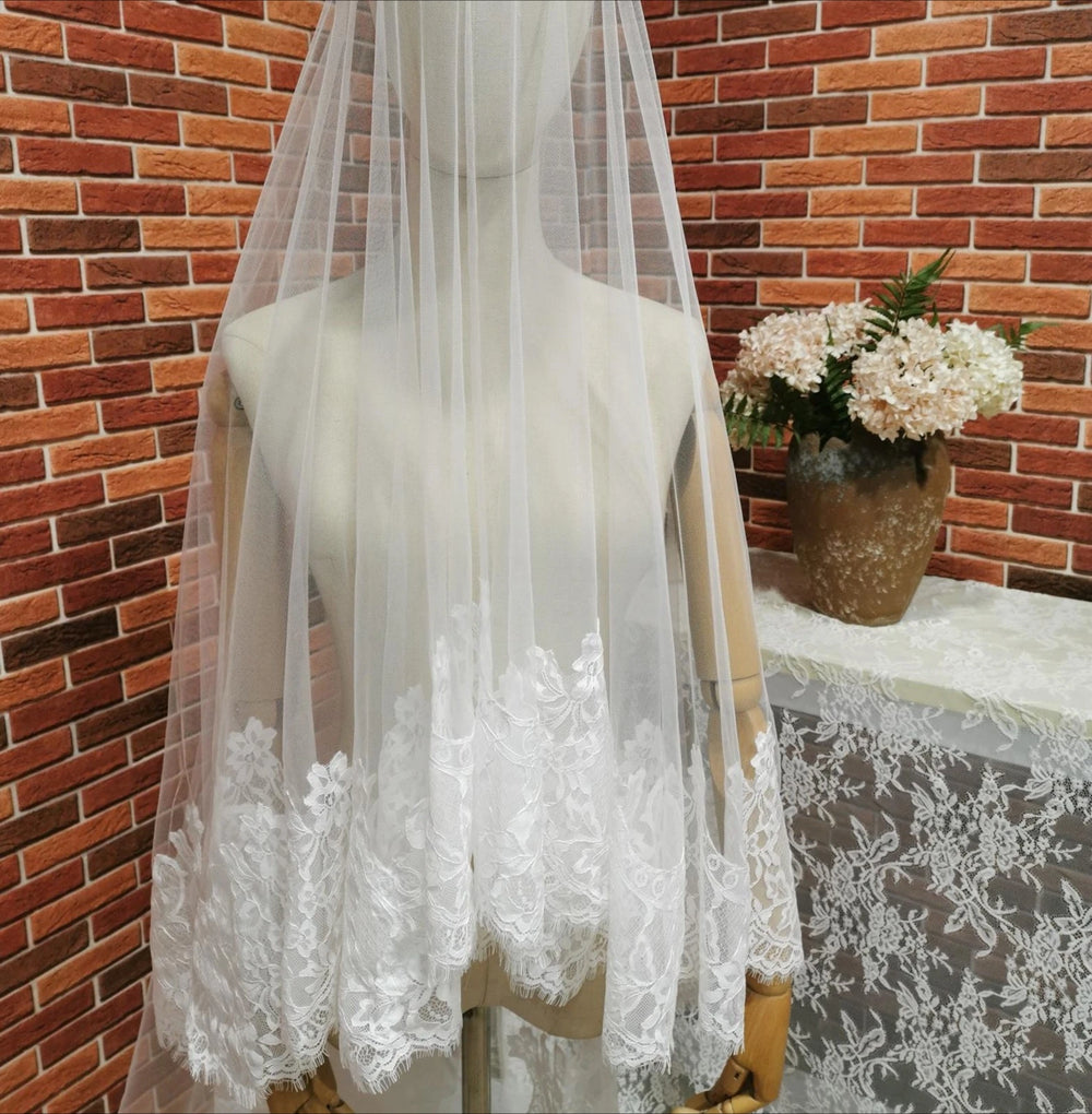 Lace-Edge Cathedral Bridal Veil | Two-Tier with Blusher | Braviixx
