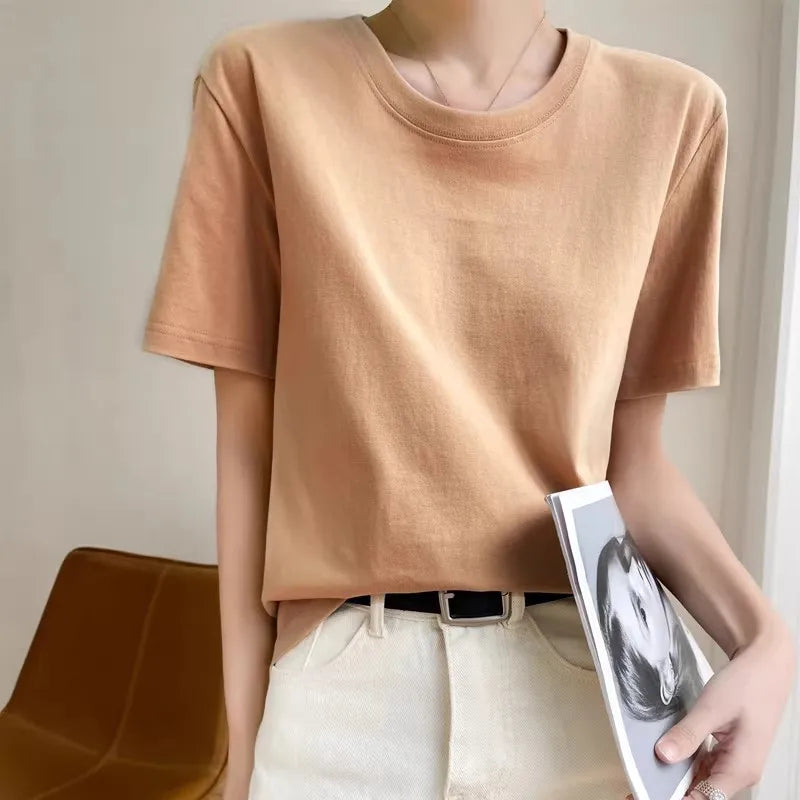 Women T-shirts 2026 Tops Solid Short Sleeve Loose O-neck  Cotton Casual Ladies Shirts Harajuku Korean Summer Woman Tshirts