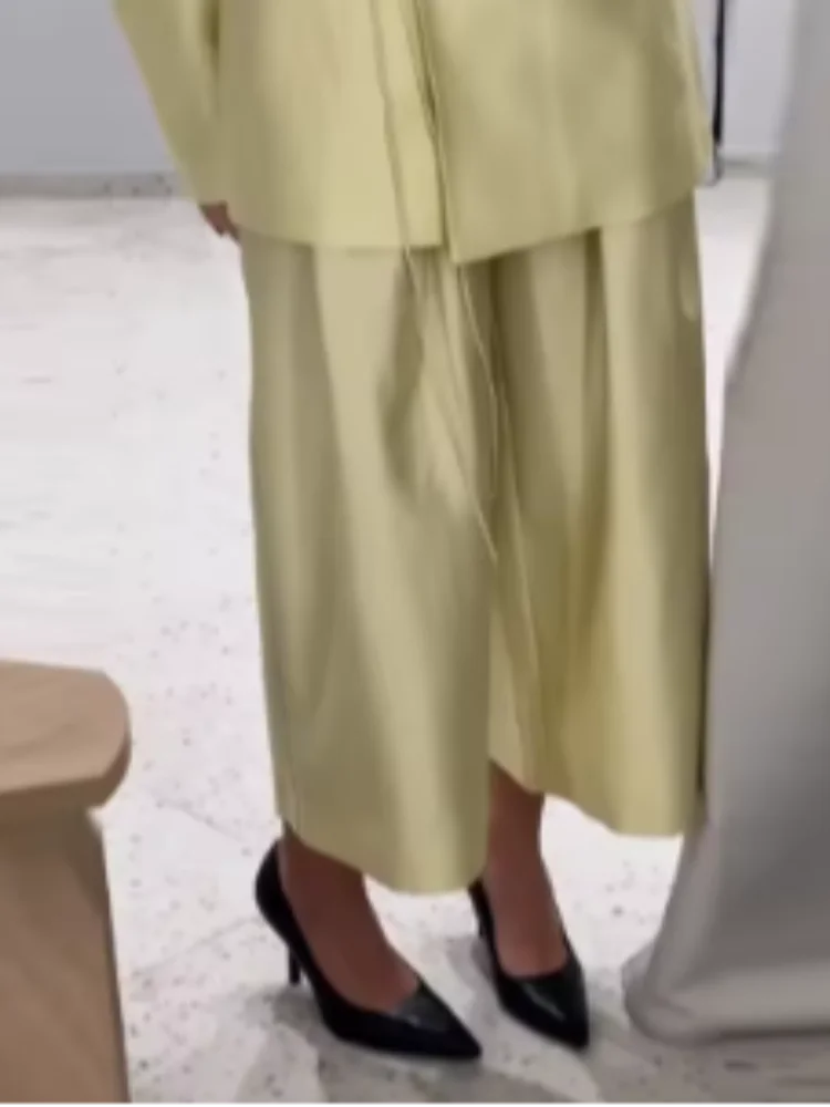 Women's Elegant Coat Pant Sets Full Sleeve V Lace Top Wide Leg Pants Female Suits 2026 Spring Summer Solid Satin Lady Set