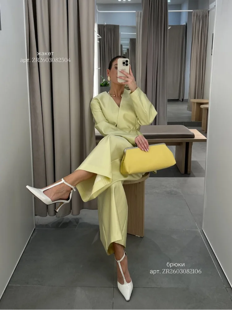 Women's Elegant Coat Pant Sets Full Sleeve V Lace Top Wide Leg Pants Female Suits 2026 Spring Summer Solid Satin Lady Set
