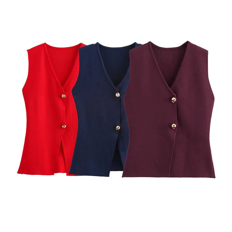 Knit Sleeveless Vest Woman Button New 2025 Spring Cropped Vests for Women Streetwear Basic Vest Top Women Knitted Vest For Women