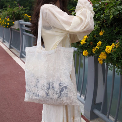 Floral Embroidered Sheer Tote Bag | Ivory Lace-Look Design | Braviixx