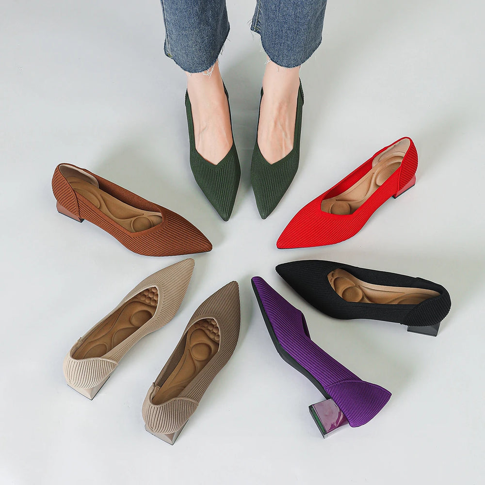2025 New Women's High Heels Large 42/43 Fashion Pointed Anti slip Rubber Bottom Knitted Breathable Shoes