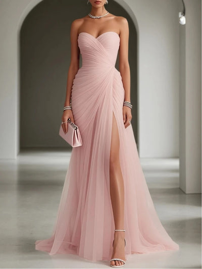 Sweetheart Strapless Ruched Tulle Gown | High Slit Lace-Up Formal Bridesmaid & Wedding Guest Dress