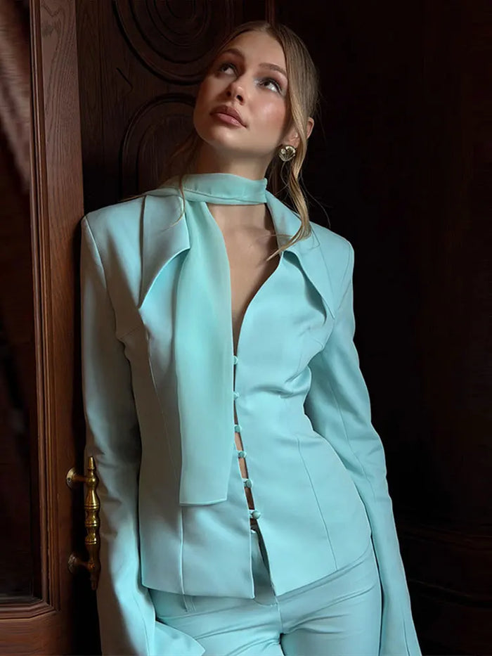 Urban Solid Blazer Skirt Women Set Scarf Collar Long Sleeve Button Top Hip Package Skirts 2026 Summer Holidays Lady Suit New