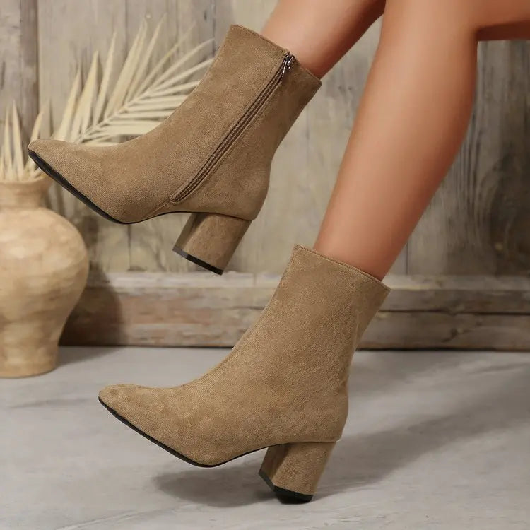 Faux Suede Ankle Boots | Side Zip & Block Heel | Braviixx