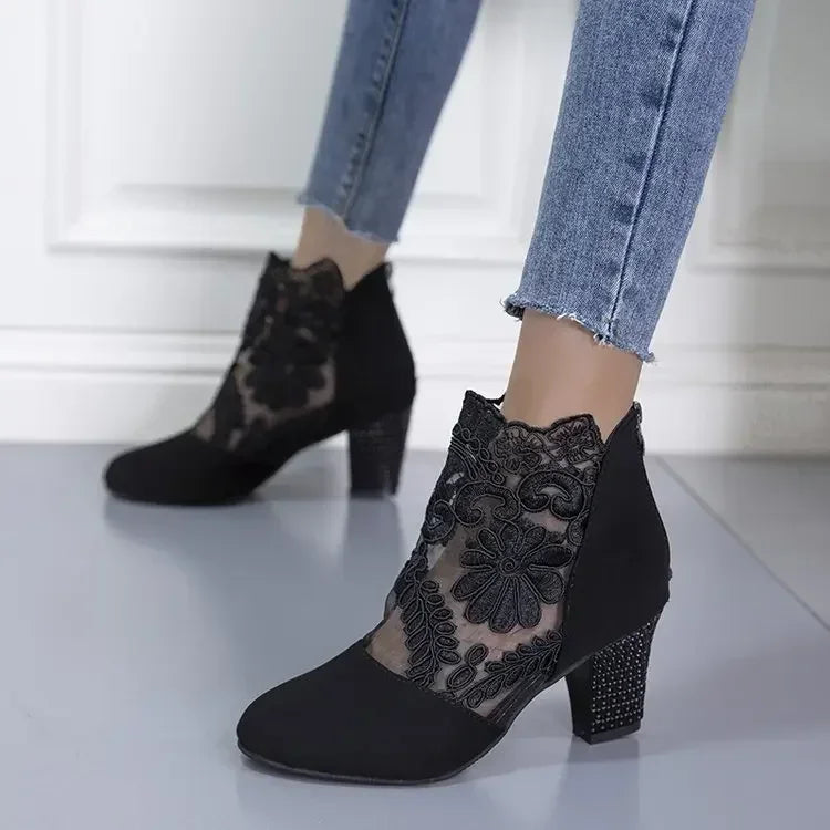Women's Floral Lace Ankle Boots | Embellished Block Heels | Braviixx
