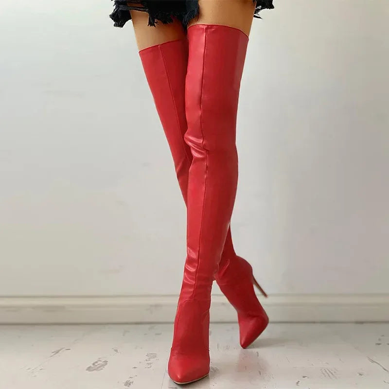 Plus Size 34-46 Women Boots Sexy Thigh High Boots Stretch PU Leather Over-the-knee Heeled Boots Black Red Autumn Winter Shoes