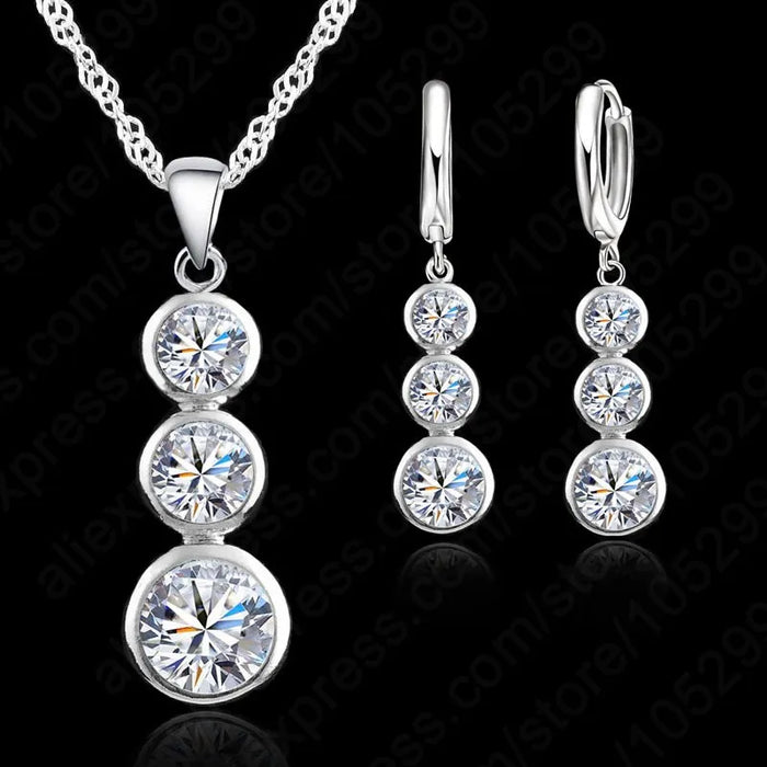 Women's Cubic Zirconia Jewellery Set | Three-Stone Pendant & Drop Earrings | Braviixx