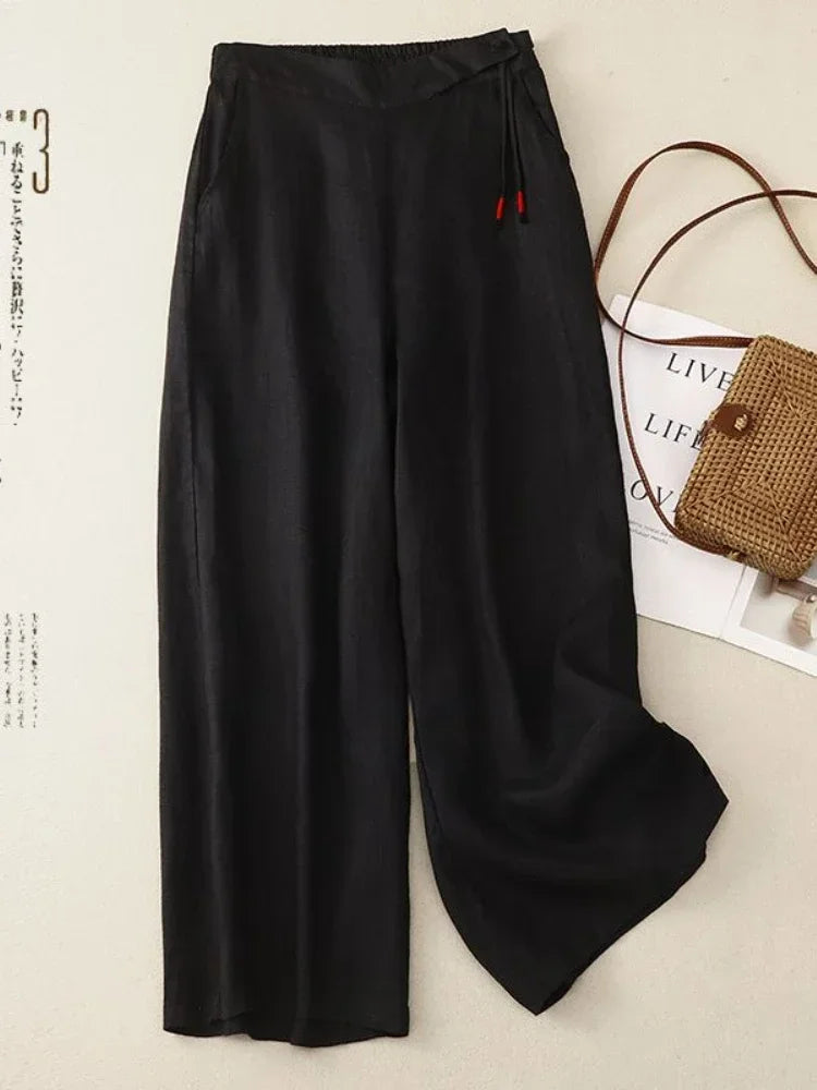 Women's High Waist Wide Leg Pants Summer 2026 Yellow Retro Cotton Linen Casual Pants Women Loose Straight Elastic Trousers