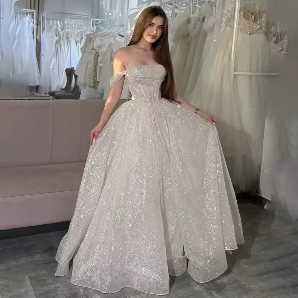 Off-Shoulder Glitter Tulle A-Line Gown | Formal Prom & Wedding Party Evening Dress