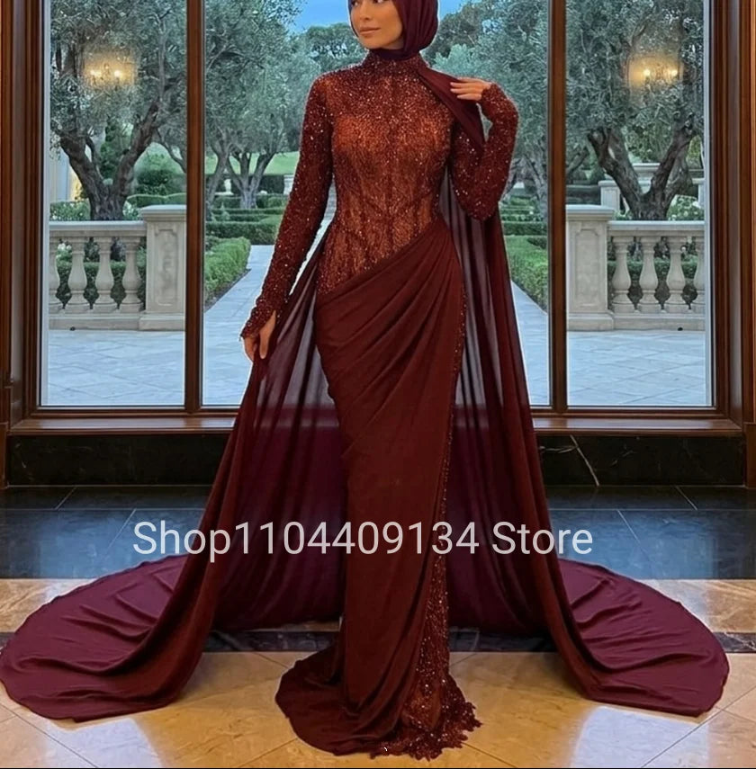 Beaded High-Neck Evening Gown | Long Sleeves & Draped Skirt | Braviixx