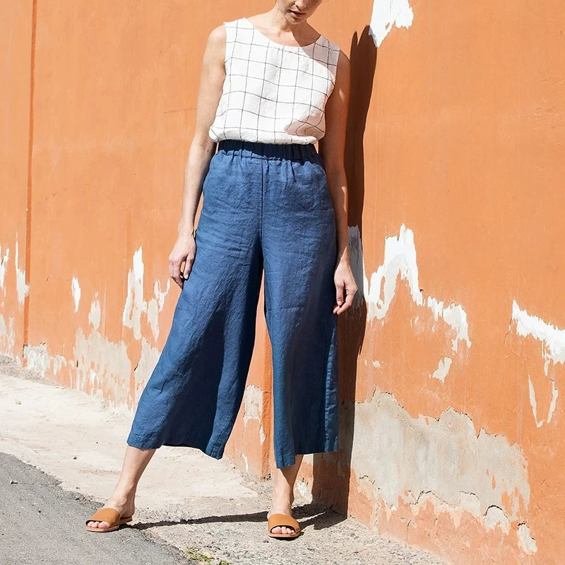 Women's 100% Linen Wide-Legged Pants Casual Loose Fit Summer 2026 Elastic Waist Harajuku Retro Linen Trousers Female Clothing