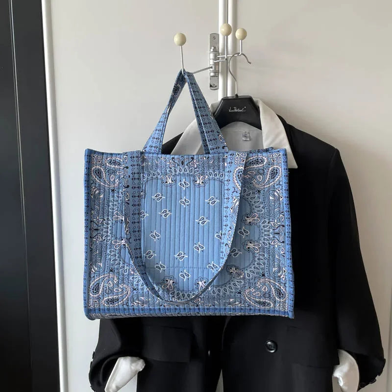 Vintage Bandana Paisley Print Tote Bag | Large Capacity Quilted Shoulder Bag