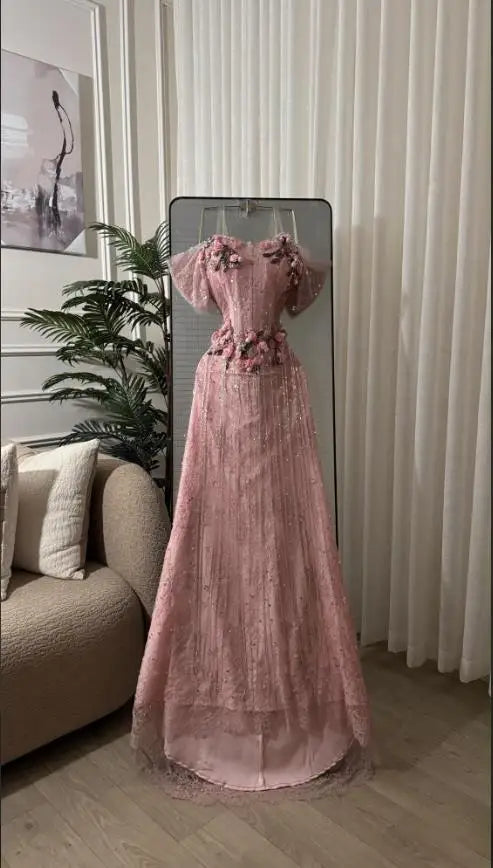 Spaghetti Strap 3D Floral Lace A-Line Evening Gown | Sweetheart Formal Dress with Sweep Train