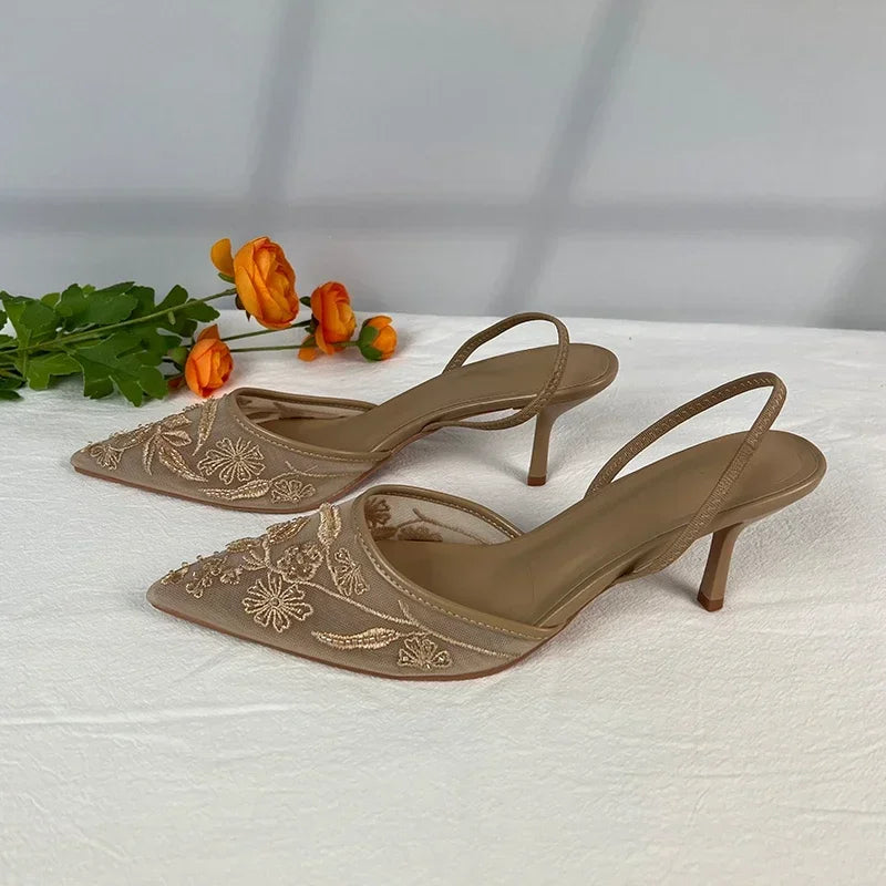 2025 New Women Sandals Brand Designer Ladies Flower Mesh Open Heel Sandals Shoes Sexy High Heel Pointed Toe Stiletto Pumps Mules