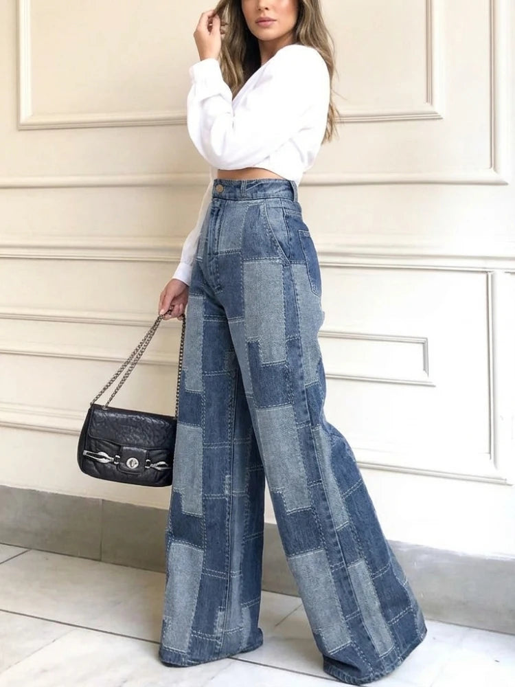 2026 Women Patchwork High Waist Wide Leg Jeans Two Tone Floor Length Y2K Casual Denim Pants Women's Pants & Trousers
