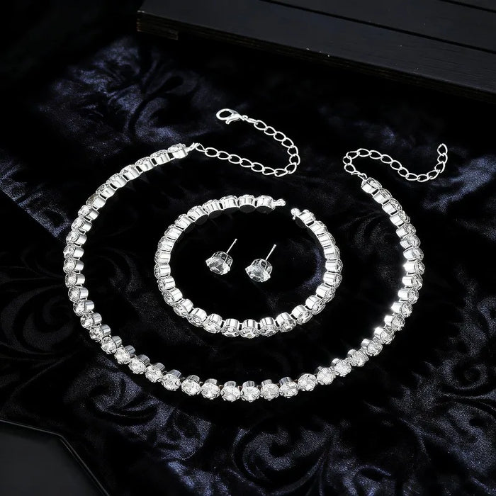 Women's Silver-Tone Jewellery Set | Round Sparkle Necklace, Bracelet & Stud Earrings | Braviixx