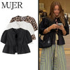 MUJER Ruffle Blouses Woman Puff Sleeve Shirts and Blouses for Women White Black Ruched Crop Top Female Ruched Women's Blouse