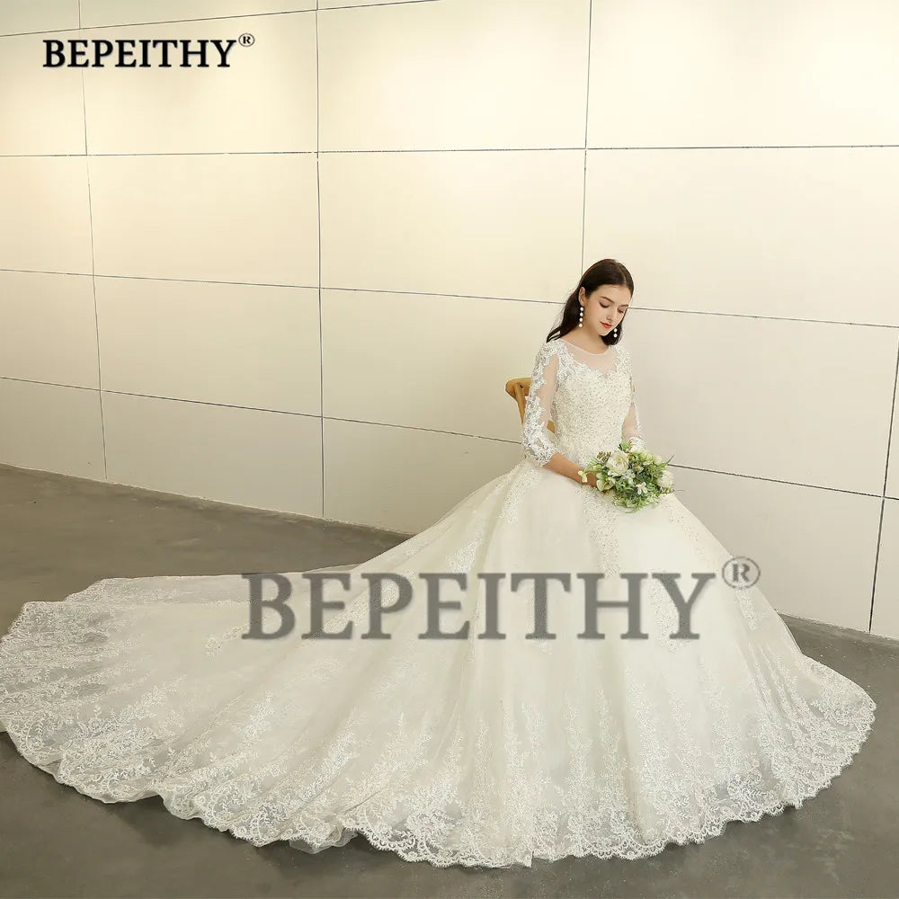 Lace Wedding Ball Gown | Three-Quarter Illusion Sleeves | Braviixx
