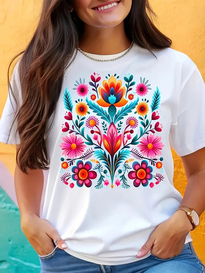 Mexican Embroidery Floral Women's Tee - Vibrant Folk Art Graphic, Casual Black Top  T Shirt Women Clothing Graphic T Shirts