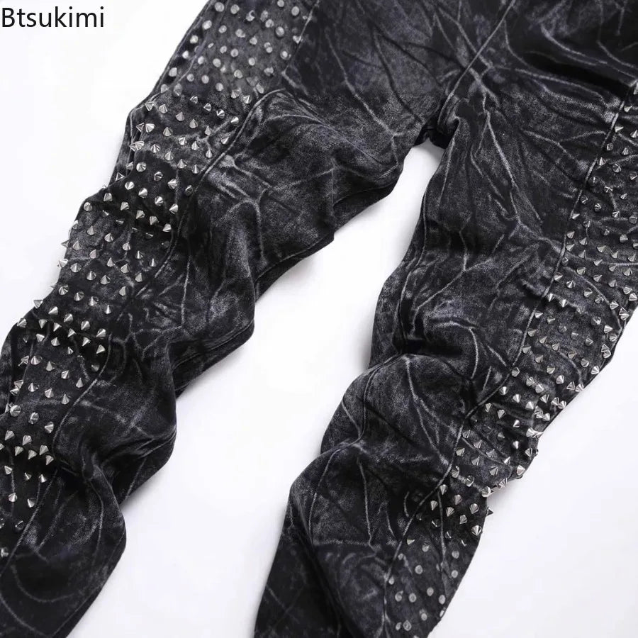 2026 Retro Punk High Street Trend Black Jeans Rivet Design Men Slim Casual Pants Fashion Classic Men Denim Pants Four Season New