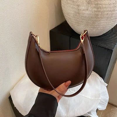 Women's Crescent Half-Moon Shoulder Bag | Smooth Matte PU Leather | Gold-Tone Zip | Adjustable Strap | Brown · Black · Coffee