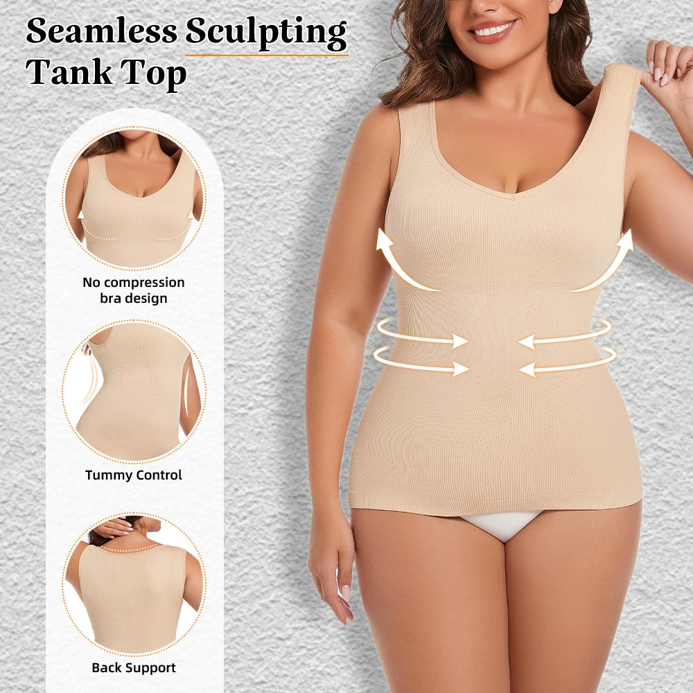 Womens Tummy Control Shapewear Tank Top with V Neck Seam-free Body Shaper Slimming Compression Tank Top