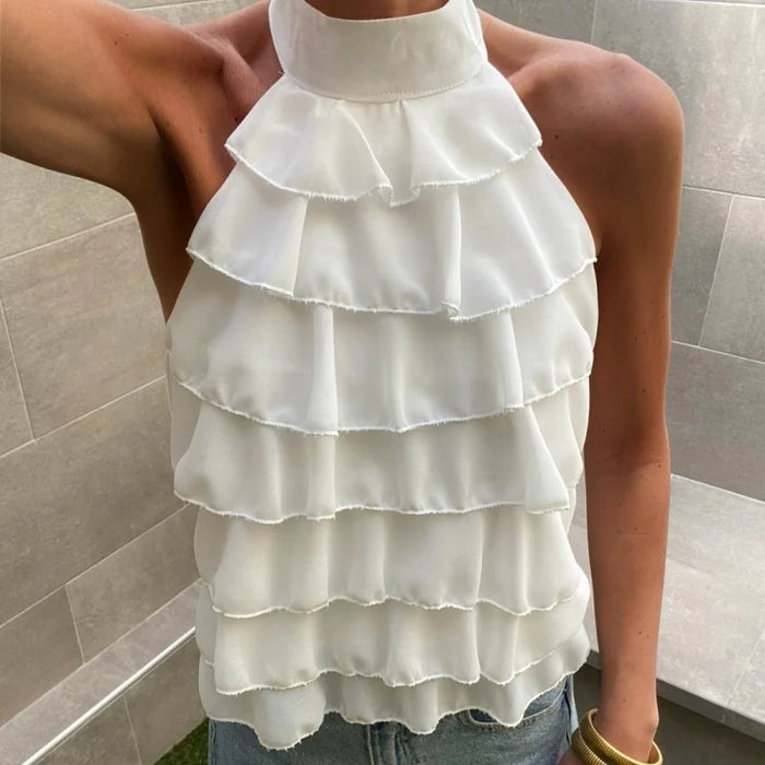Women's Ruffle Layered Chiffon Crop Halter Vest Top 2026 Summer Sleeveless Going Out Tank Tops Y2k Streetwear