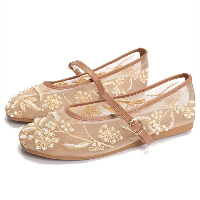 White Pearl Mesh Embroidery Ballet Flats Women Elegant String Bead Flat Sandals Light Summer Mary Jane Shoes Zapatos De Mujer