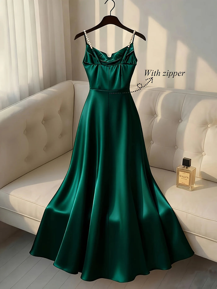 Pearl Strap Satin Slip Retro Dress. Simple in Design, Stylish and Elegant, Ideal for Parties, Weddings, Dates and Daily Commutin