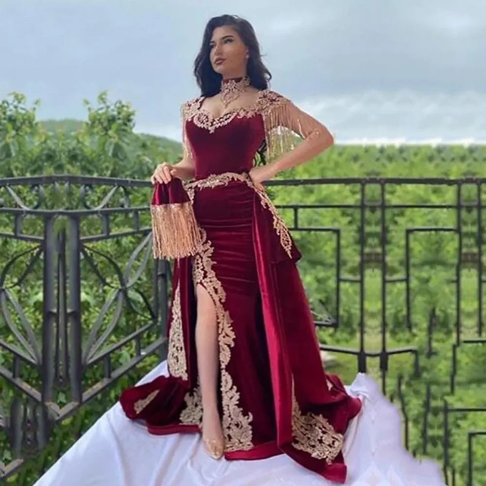 Appliqué Evening Gown | Shoulder Fringe & High Slit | Braviixx