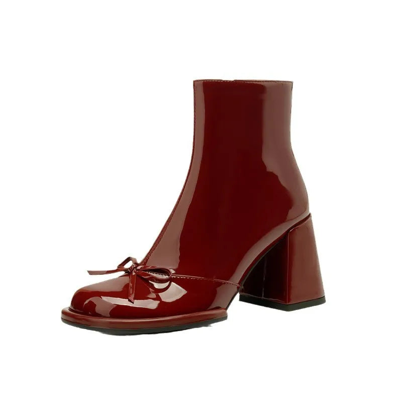 Women's Glossy Bow Ankle Boots | Chunky Heel | Braviixx