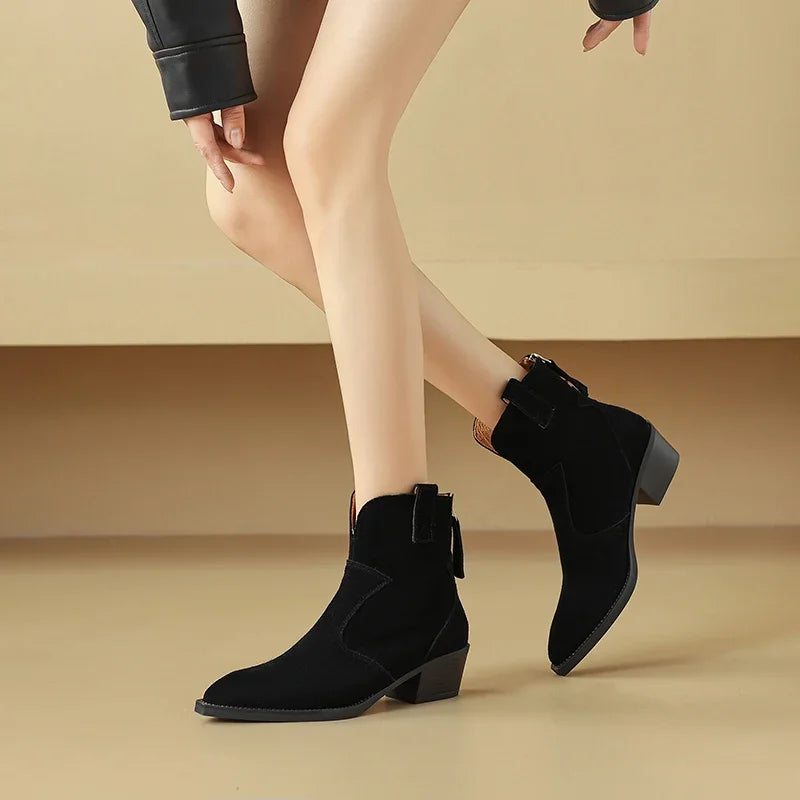 Natural Suede Women Western Boots Winter Black Brown Khaki Ladies Square Toe  Ankle Boots Fashion Patchwork Back Zipper Boots