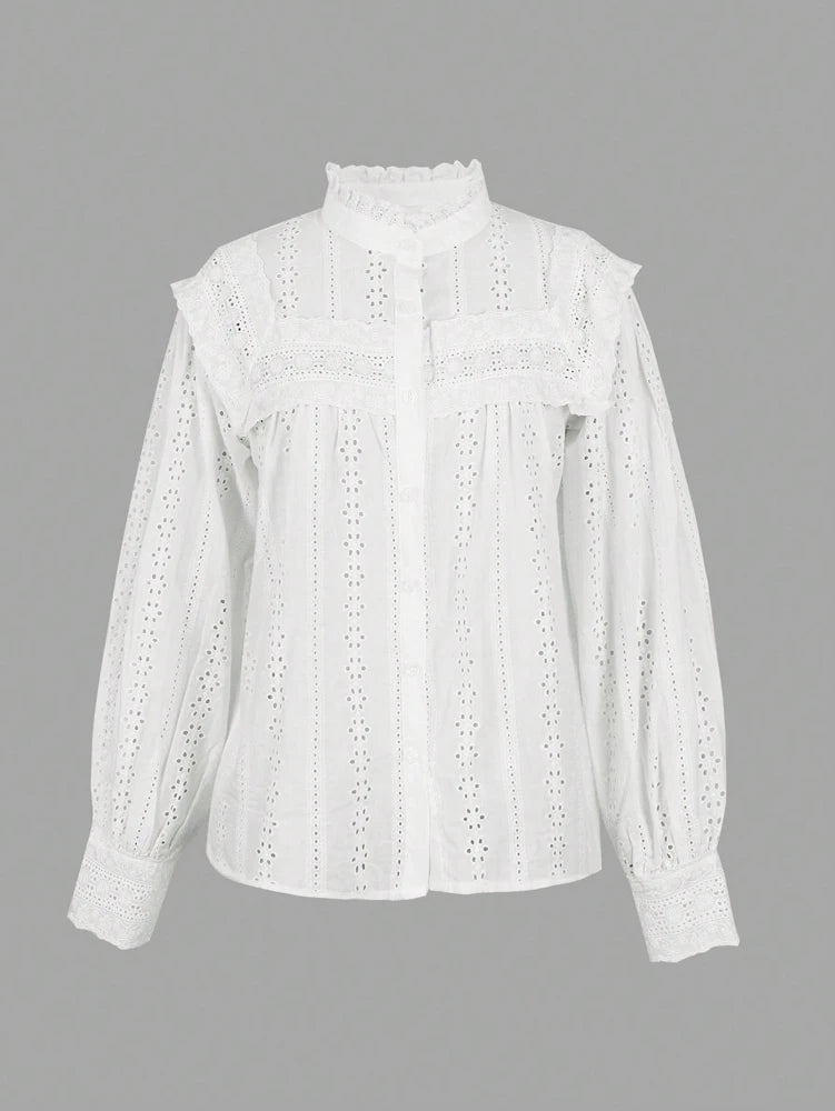 Spring/Summer 2026 New Arrivals European & American Women's Wear Vacation Style Solid-Colour Lace-Up Embroidered Blouse