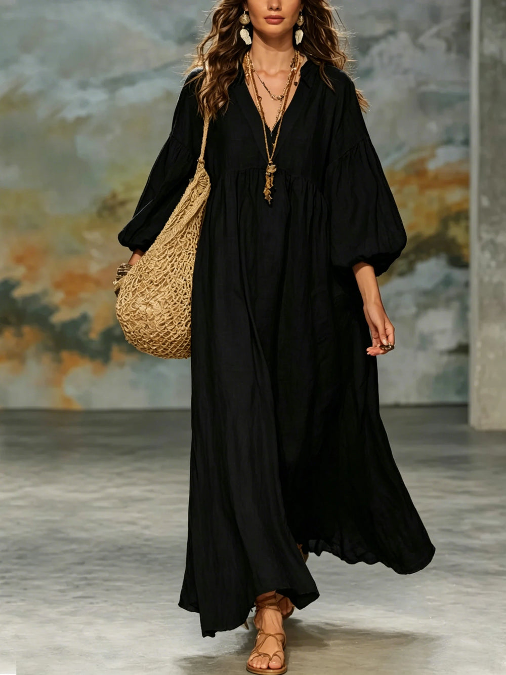 Women Bohemian Linen Maxi Dress V Neck Puff 3/4 Sleeve Loose Flowy Long Dress Casual Beach Vacation Sundress
