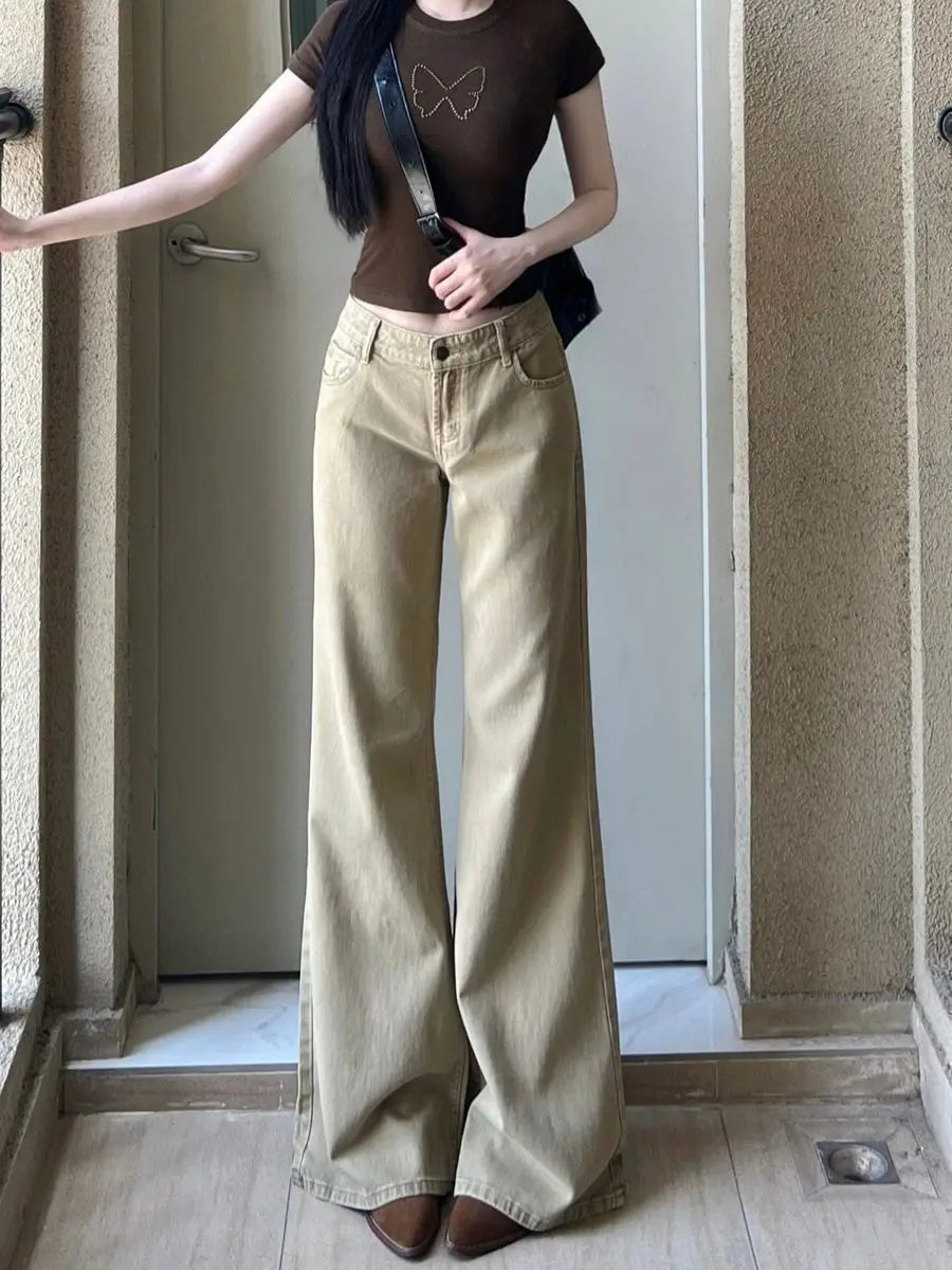 Women Loose Thin Flared Jeans 2026 Classic Female Low Waist Denim Trousers Girls Retro Fashion Khaki Straight Leg Pants