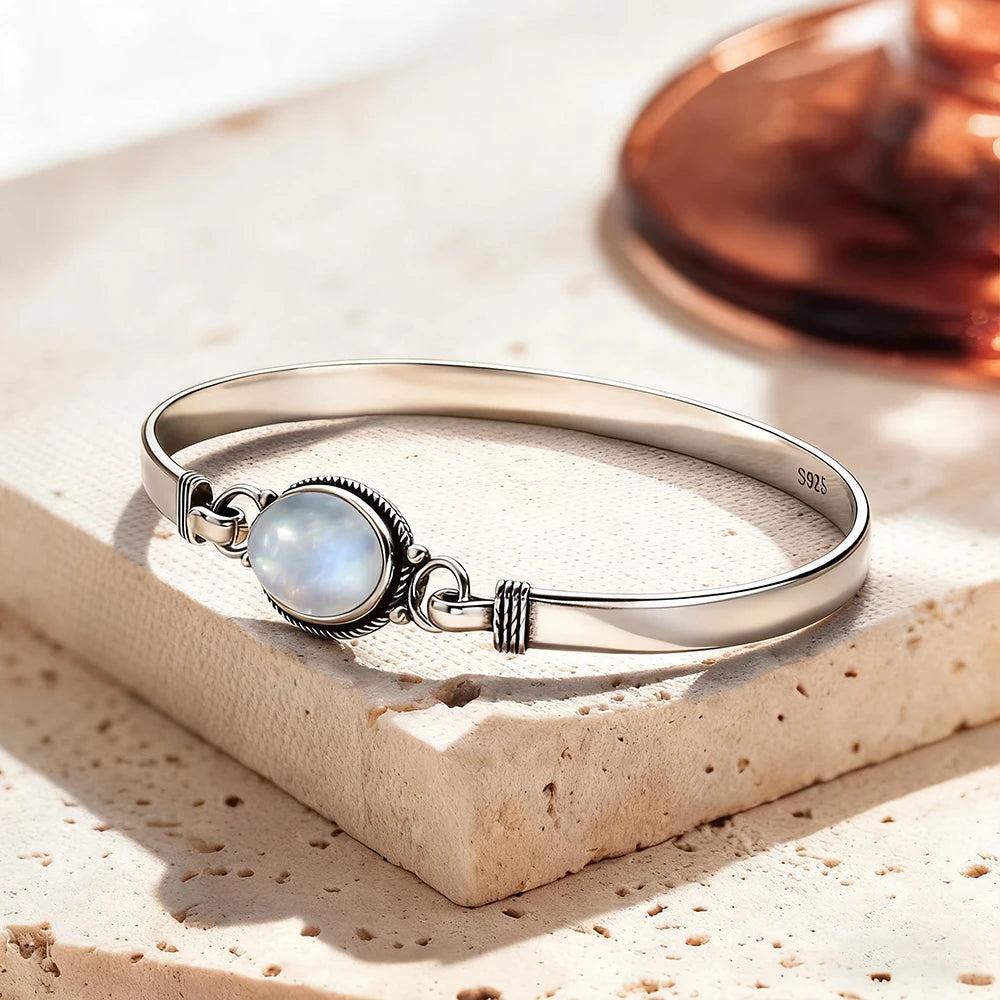 Vintage 925 Silver Natural Oval Moonstone Bangle 7.5 inches Handmade Bangle Fine Jewelry Valentines Gift for Girlfriend Women