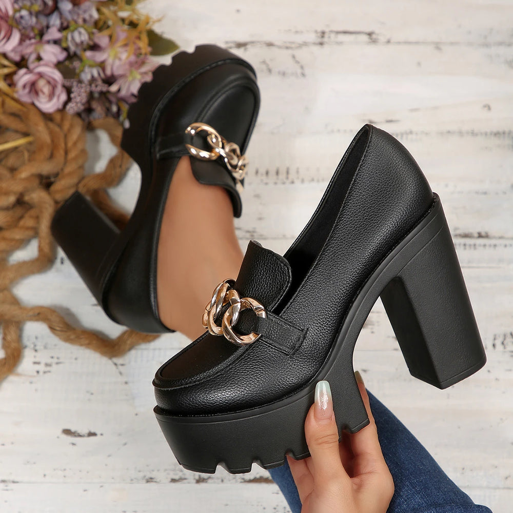 Women's Platform Heeled Loafers | Chain Detail & Block Heel | Braviixx