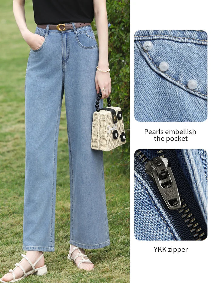 I BELIEVE YOU Light Blue Wide Leg Jeans 2026 Spring High Waist Loose Fit Pants Beading Straight Leg Denim Pants 2261166334