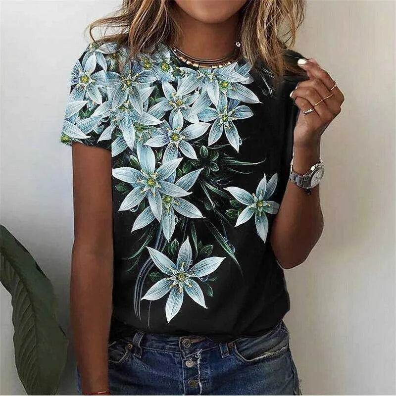 3D Flower Print T-Shirt | Summer Short Sleeve Graphic Tee | Braviixx
