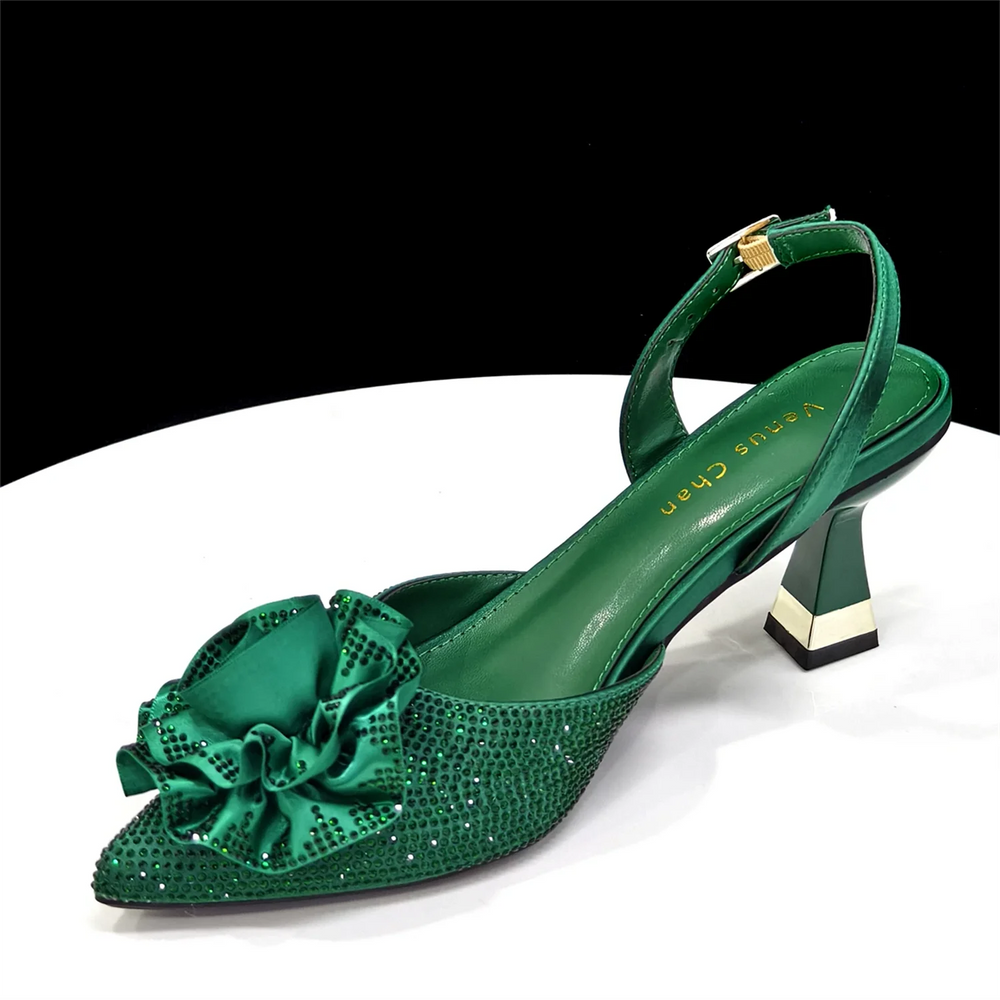 Women's Luxury 3D Rose Rhinestone Shoes & Bag Set – Pointed Toe Slingback Heels | 4 Colors | EU 37–42