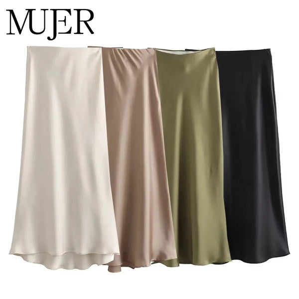 High-Waist Satin Midi Slip Skirt | A-Line Bias-Cut Skirt