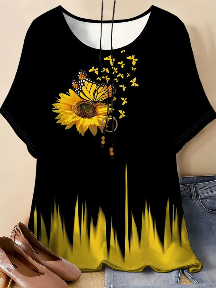 2026 Women's T-Shirt 3D Floral Pattern Print Short Sleeve O-Neck Short Sleeves Tees Graphic T-Shirts Oversized Women' S Clothes