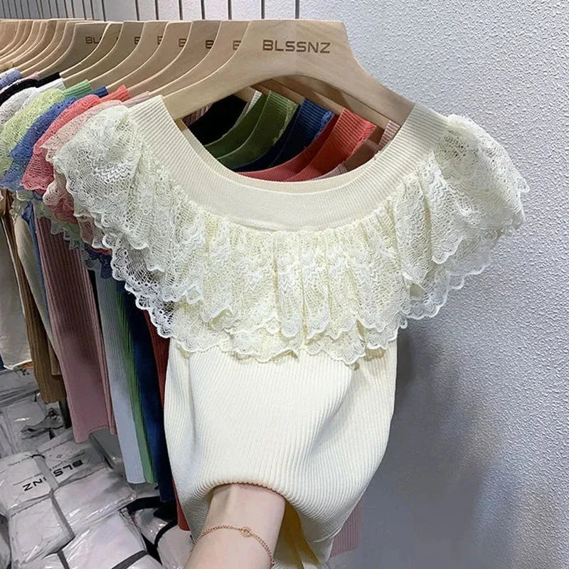 Off the Shoulder Lace Ruffle Knit Top Rib-Knit Bardot Neck Sweater Blouse Tops Women Spring Summer 2026 Lady Coquette Fairycore