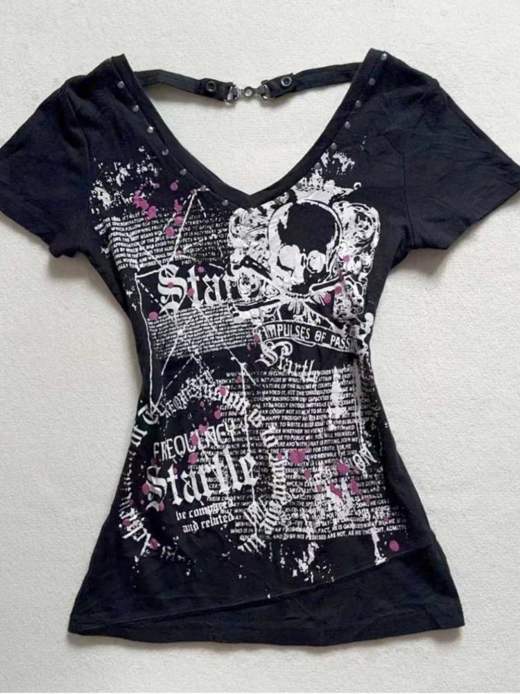 Women Grunge T-shirts 2026 Summer Bottoming Crop Tops Vintage Slim Harajuku Causal Black Tshirts Y2k Aesthetic Flower Printing